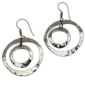 Hammered Sterling Silver Dangle Earrings Wavy Double Circle Design Vintage